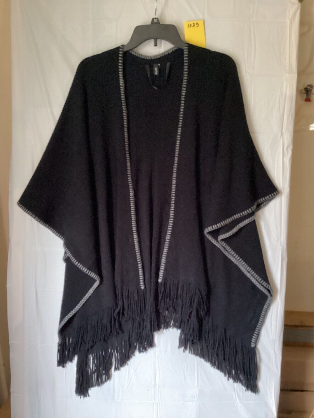 1023 Apt. 9 Black Poncho with Fringe and Crocheted Gray Trim